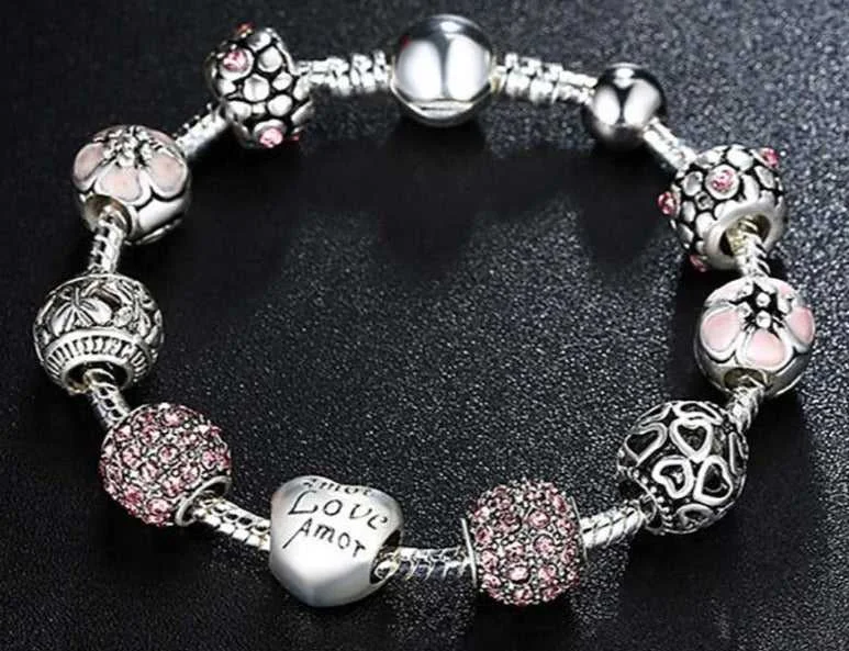 Pink Crystal "LOVE" Heart Charm Bracelet