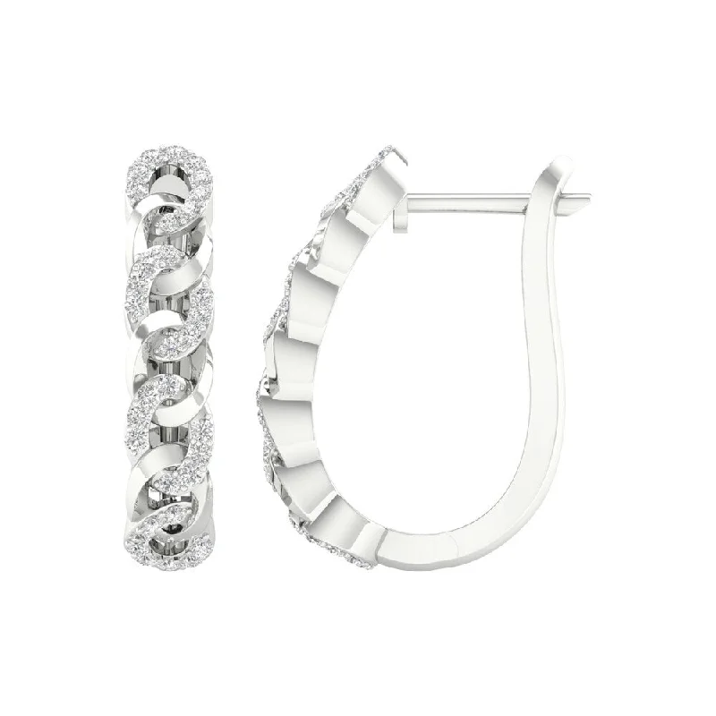 1/3ct TDW Diamond Cuban Link Hoop Earrings in 10k Gold by De Couer