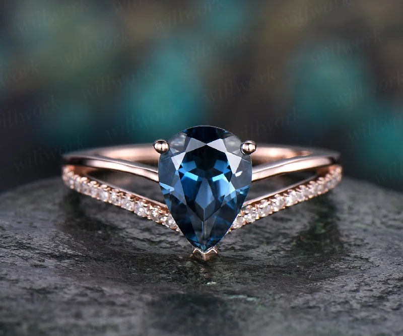 Pear London blue topaz engagement ring solid 14k rose gold ring split shank diamond ring 6x8mm topaz ring vintage gold women wedding ring