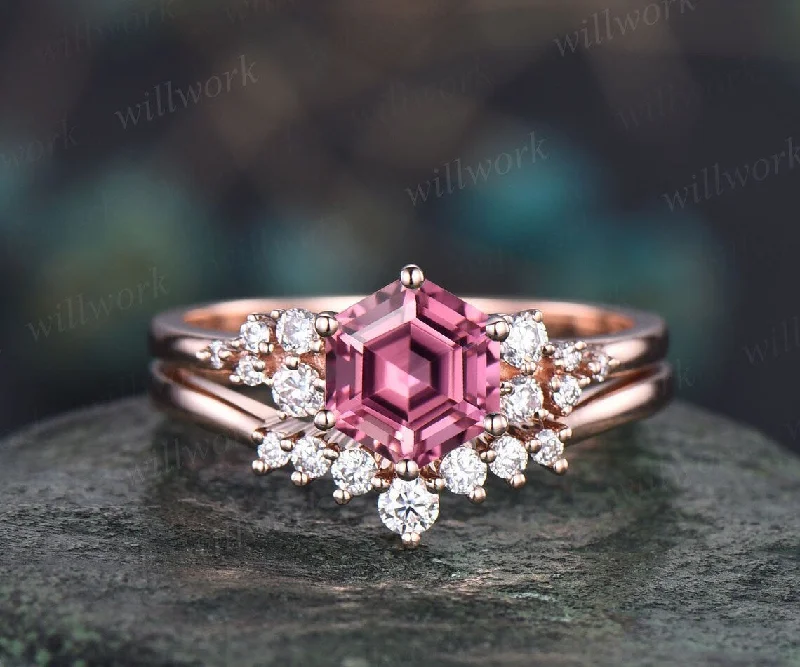 Hexagon cut natural pink tourmaline ring rose gold unique engagement ring set women snowdrift diamond ring 6 prong bridal wedding ring set