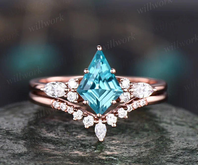 Vintage kite cut Paraiba engagement ring set 14k yellow gold marquise cut diamond ring women unique bridal wedding ring set gift