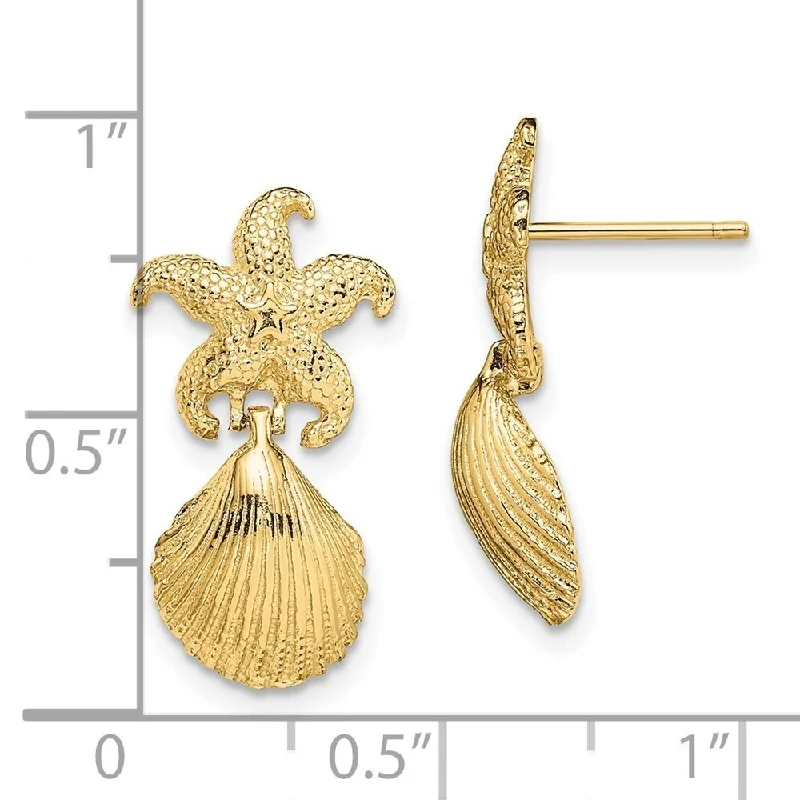 Diamond2Deal 14K Yellow Gold Starfish and Scallop Shell Dangle Earrings (L-21.9 mm, W-11.4 mm)