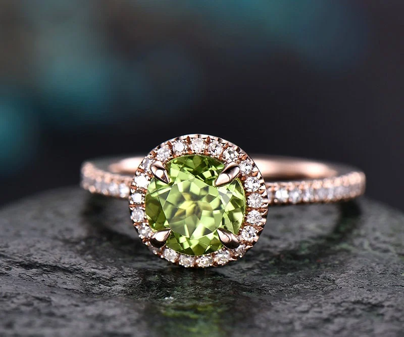 Green natural Peridot engagement ring-Solid 14k Rose gold-handmade Diamond Bridal ring-Stacking band-Round  promise ring diamond halo ring