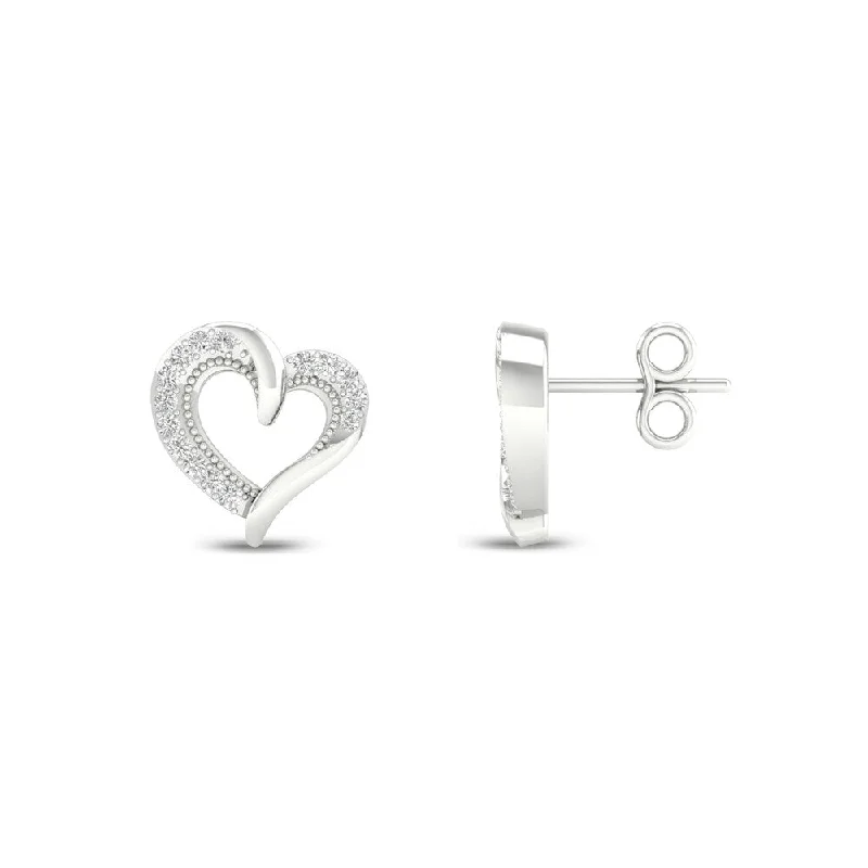 1/10ct TDW Diamond Heart Earrings in Sterling Silver by De Couer - White