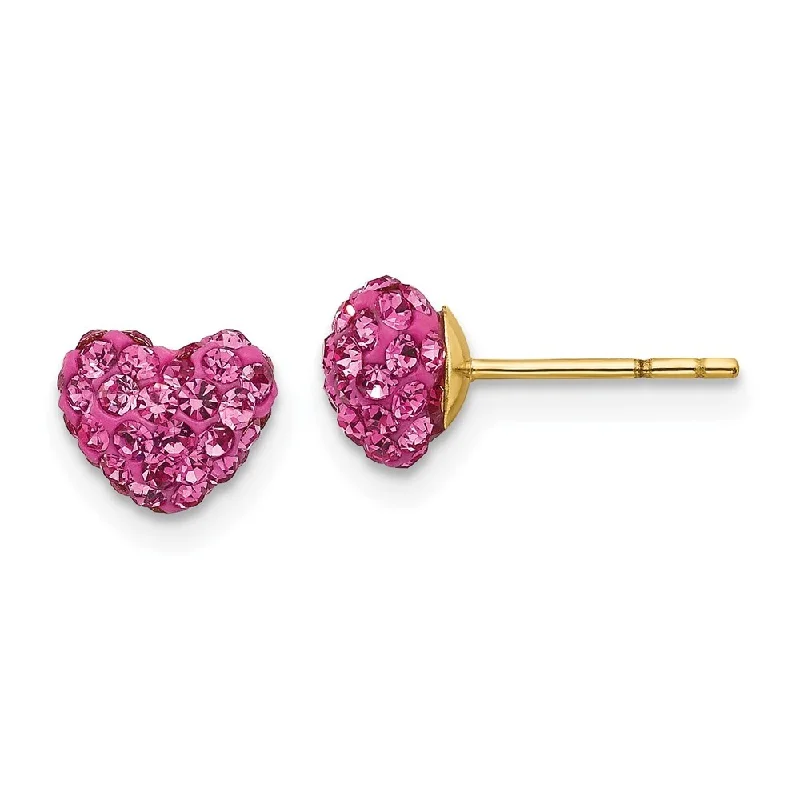 14k Yellow Gold Pink Crystal Heart Stud Earrings (L-7 mm, W-7 mm)