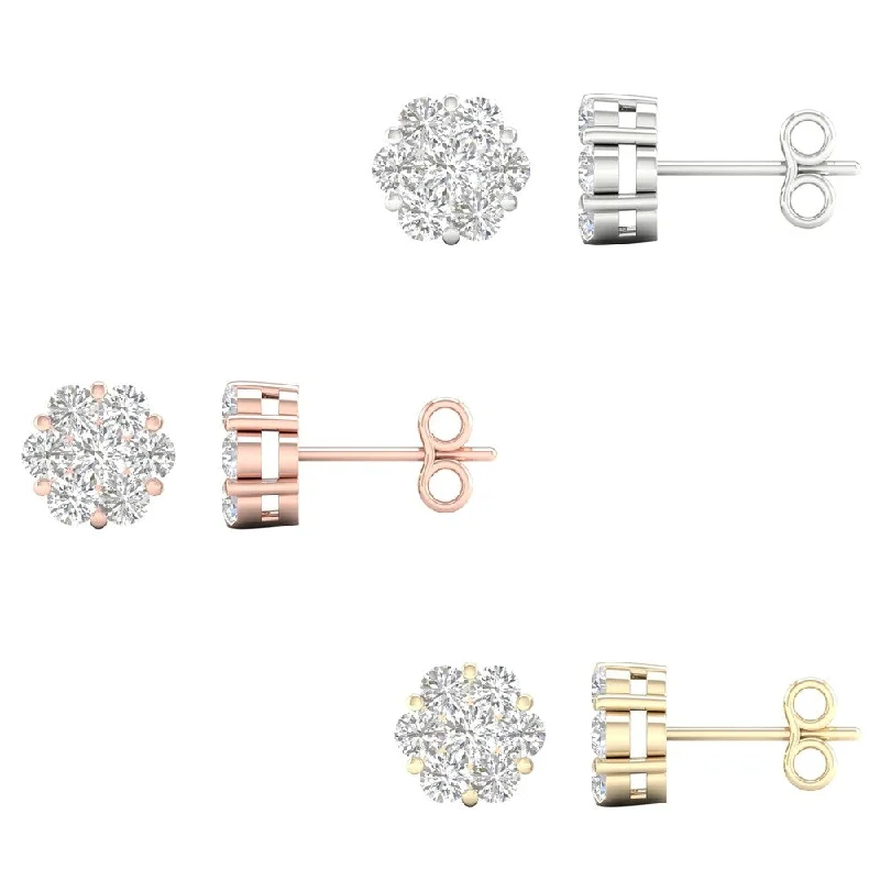 1ct TDW Diamond Cluster Stud Earrings in 10k Gold by De Couer