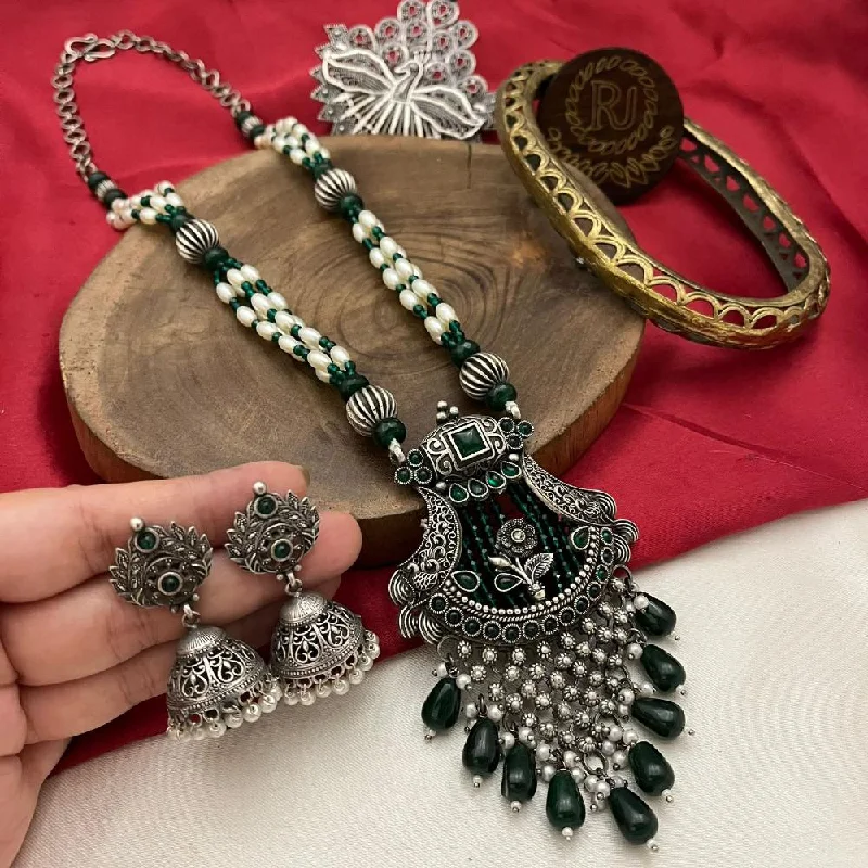 FS Collection Oxidised Plated Pota Stone And Beads Necklace Set