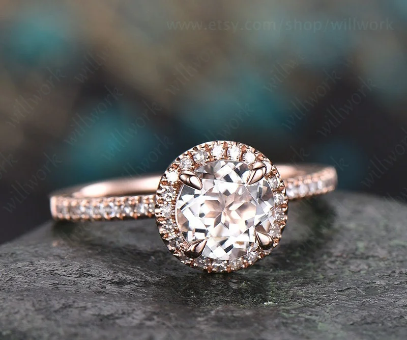 White topaz engagement ring 14k rose gold diamond halo ring round white topaz ring vintage unique gift bridal promise wedding ring for her