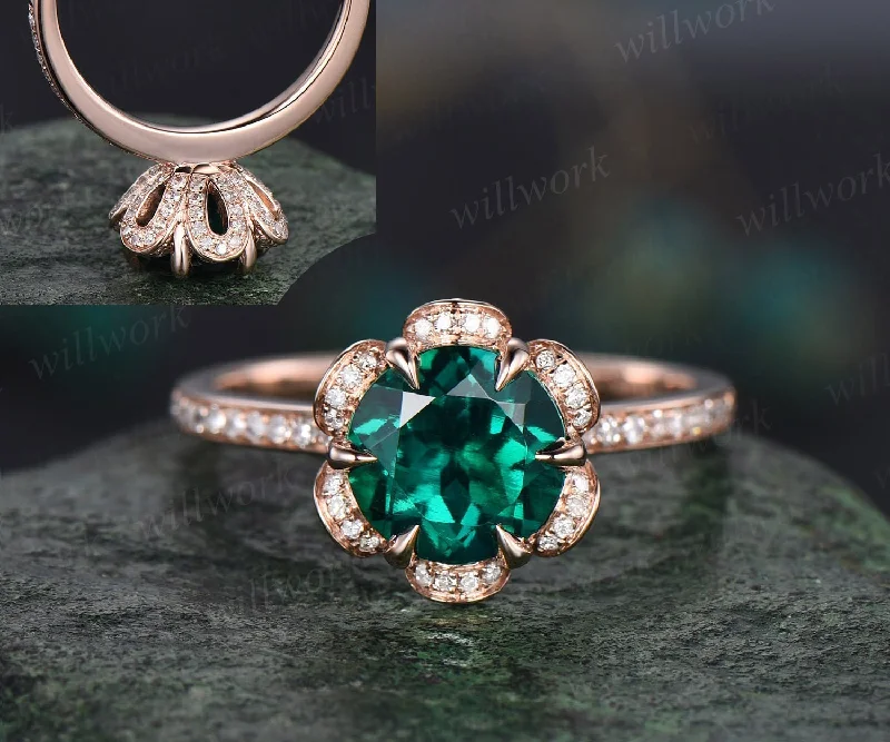 2ct round cut emerald ring rose gold vintage unique engagement ring flower half eternity under halo diamond promise wedding ring for women