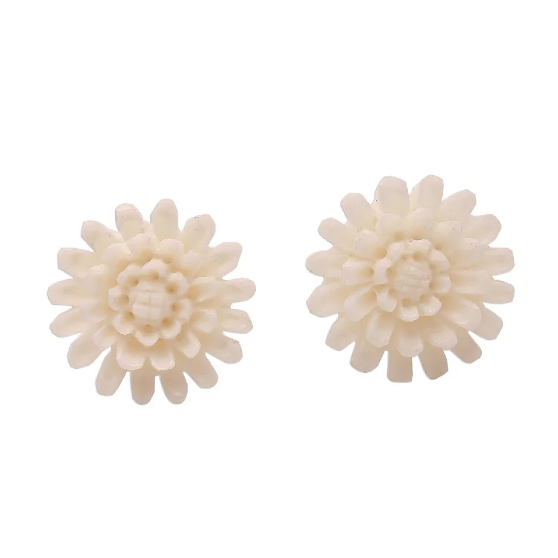 NOVICA Fantastic Padma, Bone button earrings - 0.6L*0.6W