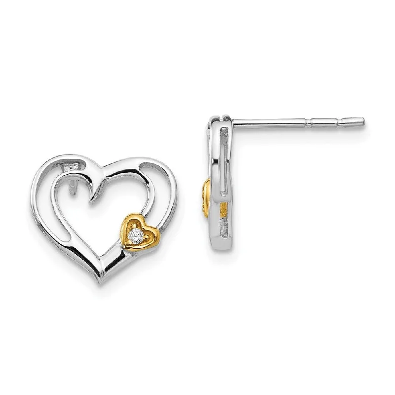 925 Sterling Silver Diamond Gold-plated Heart Dangle Earrings (L-12 mm, W-12 mm)