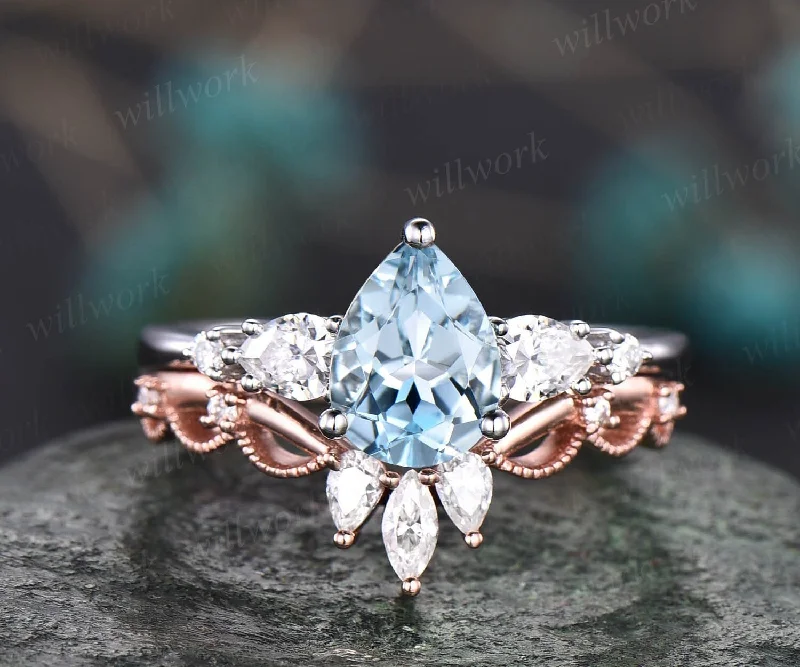 Pear shaped aquamarine ring gold silver vintage unique aquamarine engagement ring set white gold crown moissanite wedding ring set for women