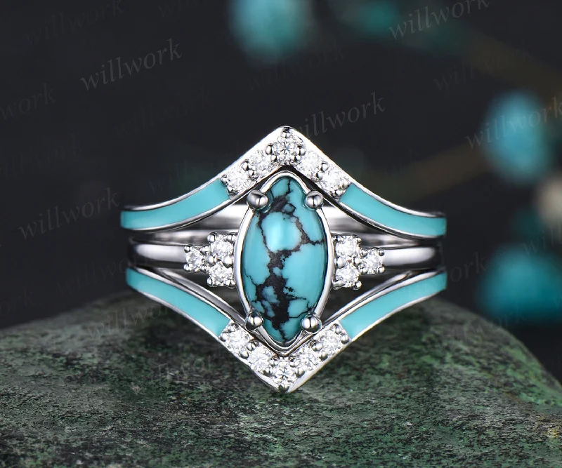 Vintage Marquise Cut Natural Turquoise Engagement Ring Set Moissanite Enamel Drop Oil Ring 14k White Gold December Birthstone 3pcs Bridal Ring Set