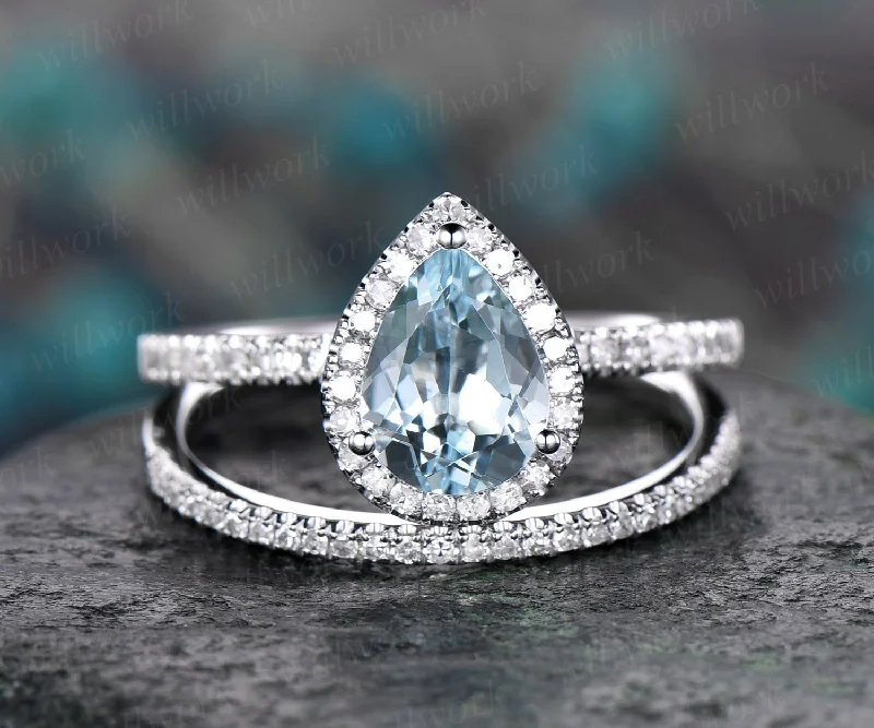 Pear cut aquamarine engagement ring set 14k white gold 2pc diamond halo ring matching antique jewelry gift wedding bridal promise ring set