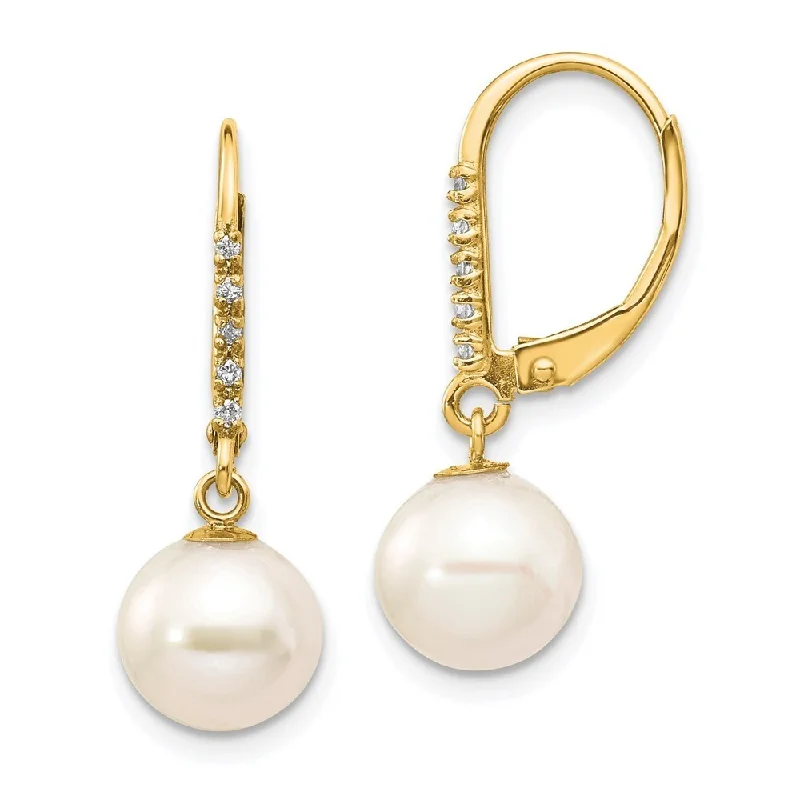 14k Yellow Gold White FWC Pearl .05ct Diamond Lever back Earrings (L-8 mm, W-9 mm)