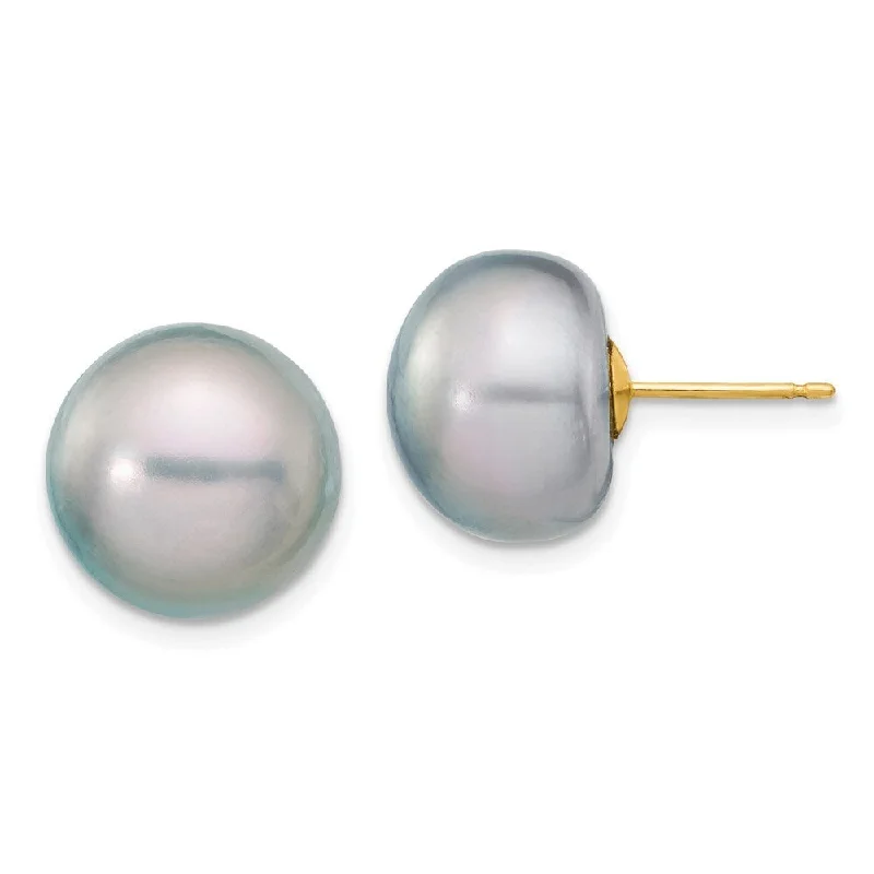 14k Yellow Gold Grey Button Cultured Pearl Stud Earrings (L-12 mm, W-13 mm)