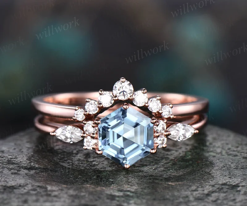 Hexagon aquamarine ring for women vintage unique aquamarine engagement ring set rose gold art deco dainty moissanite wedding bridal ring set