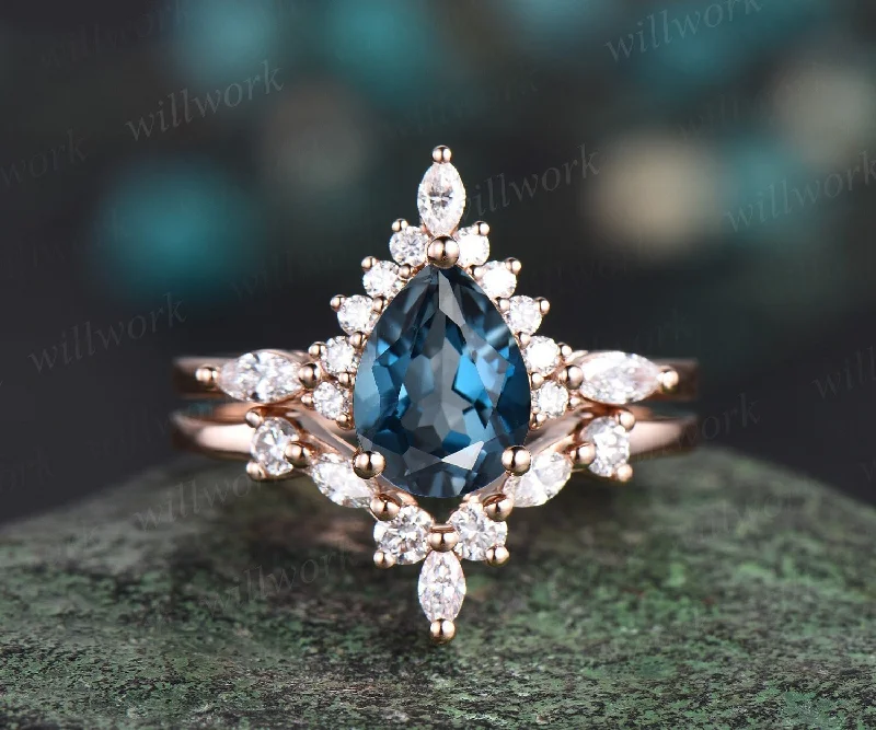 Pear shaped London blue topaz ring halo marquise unique engagement ring women solid 14k rose gold gemstone wedding anniversary ring gift