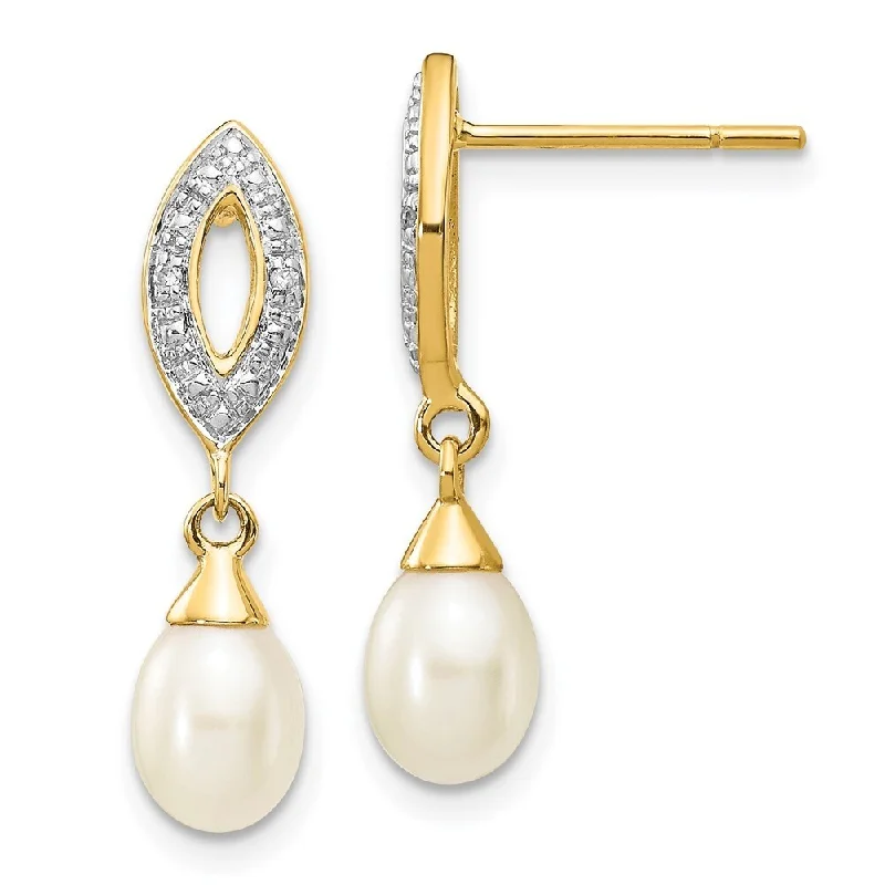 14k Yellow Gold Diamond And 7x5mm Egg Pearl Dangle Earrings (L-22 mm, W-6 mm)