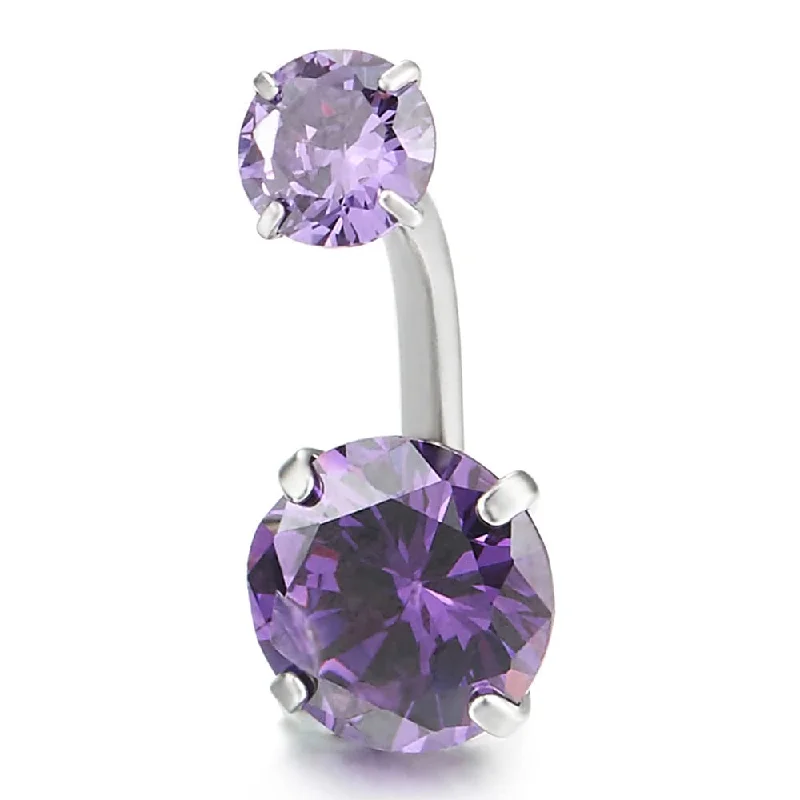 Steel Belly Button Ring Body Jewelry Piercing Navel Ring Barbells Double Purple Cubic Zirconia