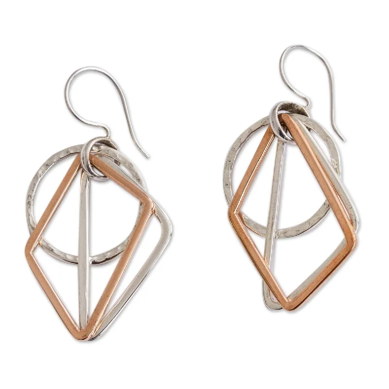 NOVICA Geometric Trio, Sterling silver and copper dangle earrings - 2L*0.9W