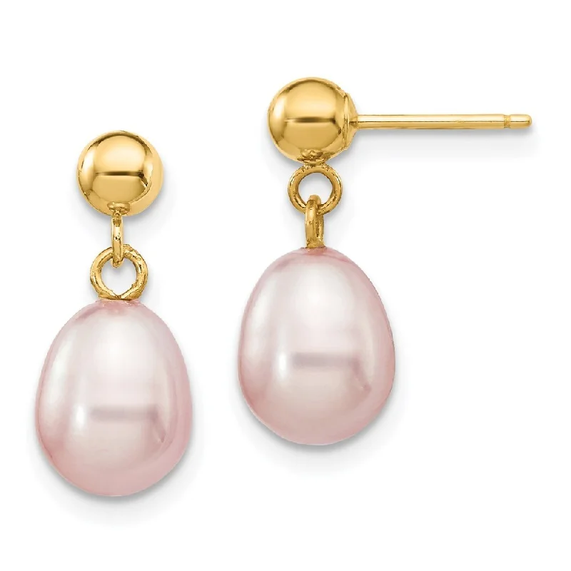 14k Yellow Gold Purple Pearl Dangle Earrings (L-17 mm, W-7.5 mm)