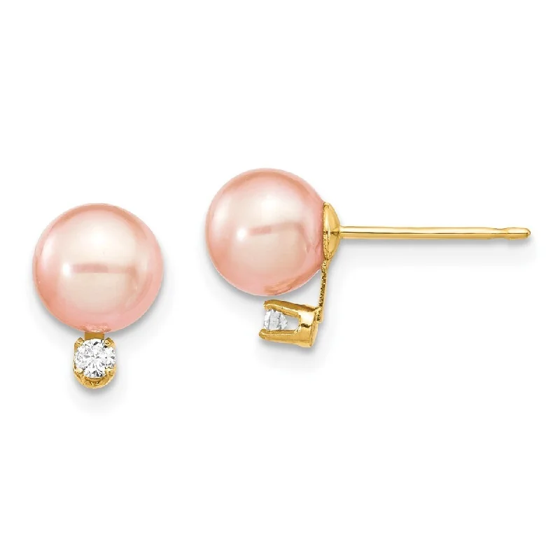 14k Yellow Gold Round Pink FW Cultured Pearl Diamond Stud Earrings (L-6 mm, W-7 mm)