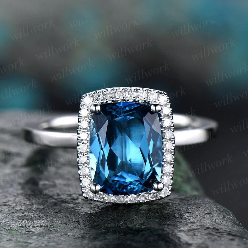 Cushion London blue topaz engagement ring 14k white gold diamond halo topaz ring gold unique antique bridal wedding promise ring for her