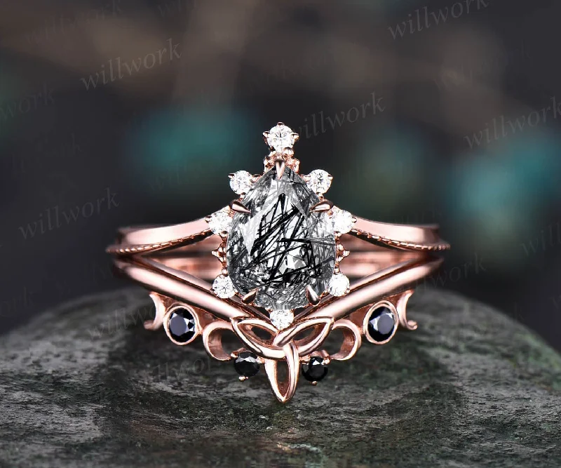 Vintage pear shaped black rutilated quartz engagement ring set rose gold Milgrain moissanite ring black diamond ring for women bridal set