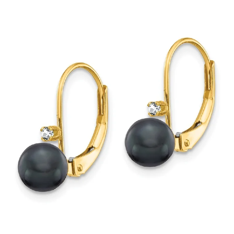 14k Yellow Gold 5mm Black Pearl AA Diamond Lever back Earrings (L-15 mm, W-5 mm)