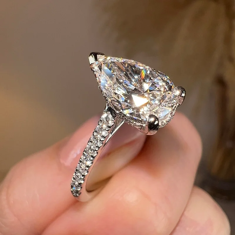 "Bambi" Under Hidden Halo 3 Carat Pear Cut Diamond Shoulders Engagement Ring