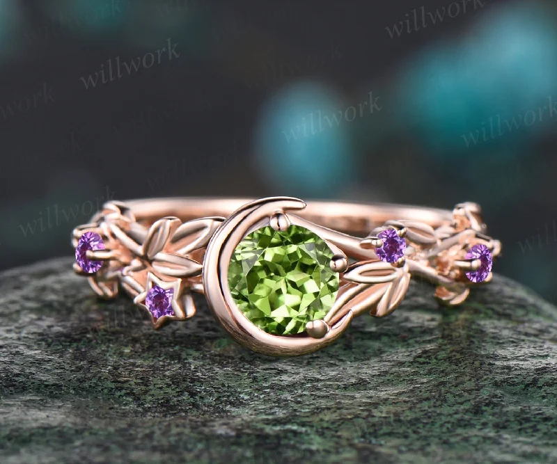 Unique Leaf Vine Twig Branch Nature Inspired Engagement Ring Art Deco Round Cut August Birthstone Natural Peridot Wedding Ring Amethyst Star Moon Bridal Ring