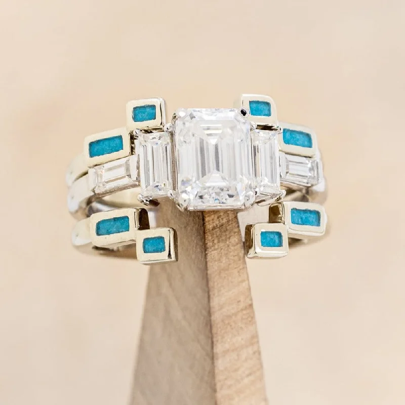 "GRETA" - BRIDAL SUITE - EMERALD CUT MOISSANITE ENGAGEMENT RING WITH TURQUOISE STACKING BANDS