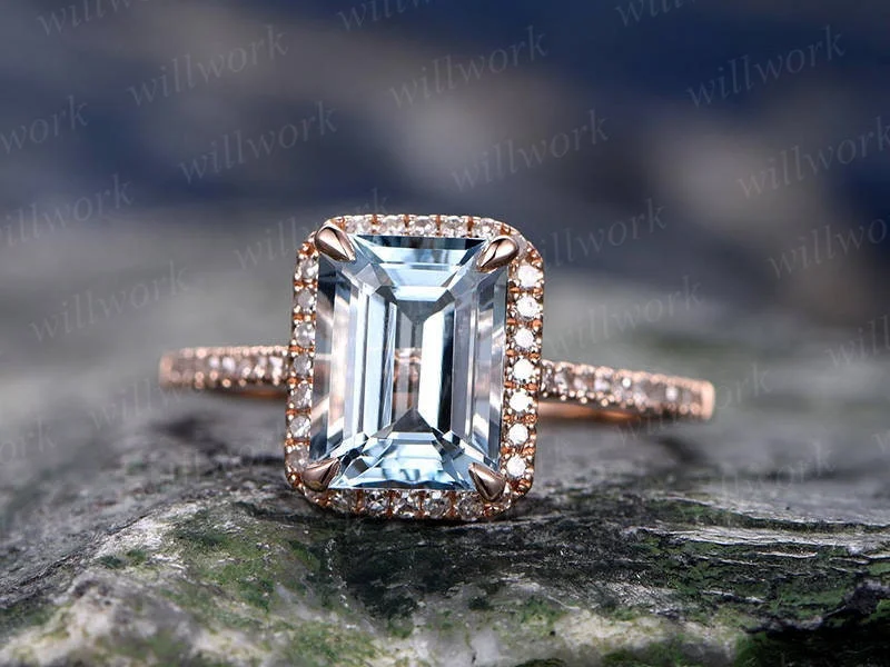 Emerald cut aquamarine engagement ring solid 14k rose gold custom half eternity diamond ring 6x8mm gemstone promise ring for her Antique