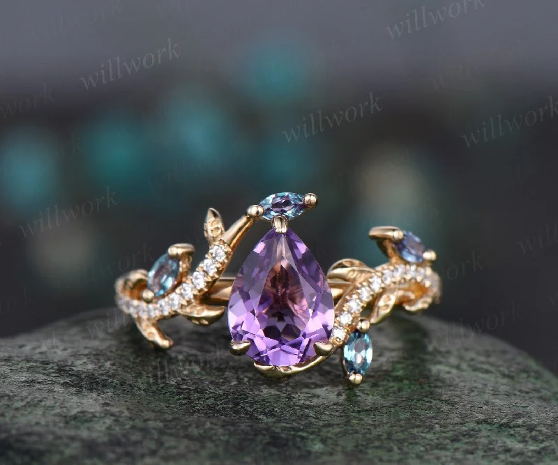 Vintage pear amethyst engagement ring 14k yellow gold leaf nature inspired branch half eternity alexandrite wedding anniversary ring women