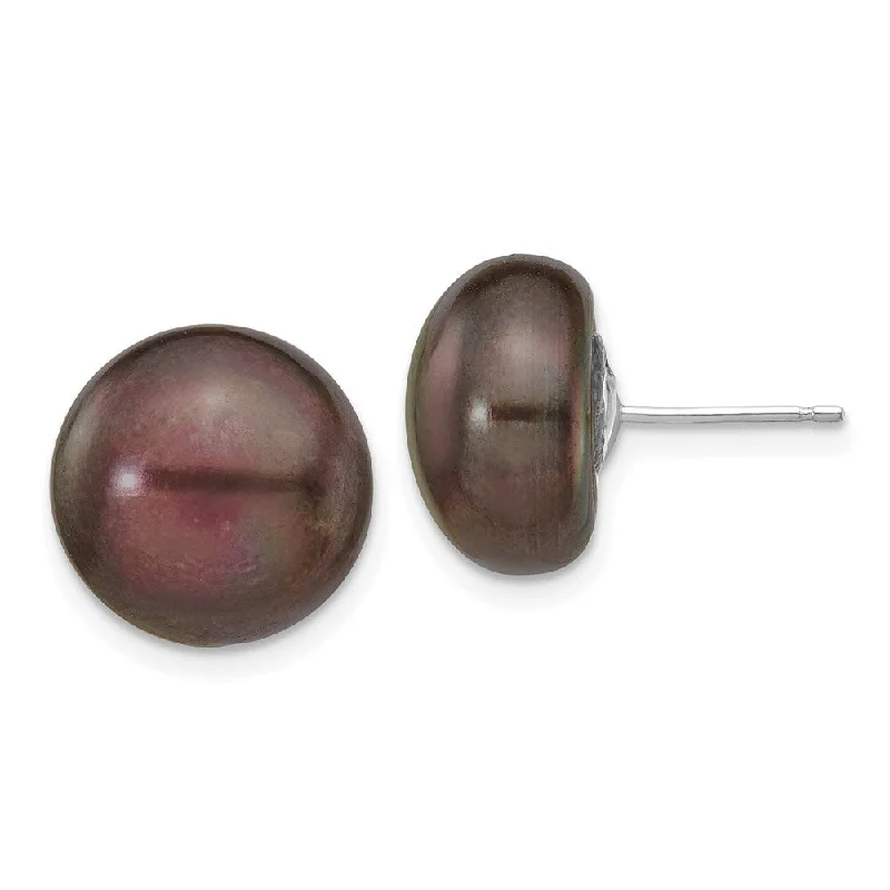 14k White Gold Black Button Cultured Pearl Stud Earrings (L-12 mm, W-13 mm)