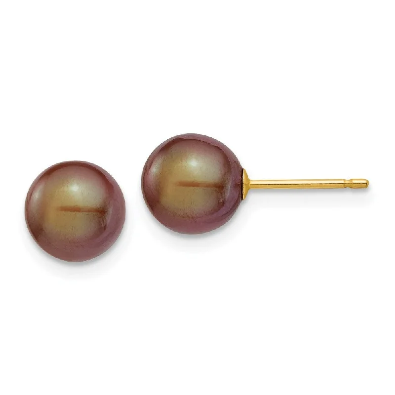 14k Yellow Gold Coffee Round Cultured Pearl Stud Earrings (L-7 mm, W-8 mm)