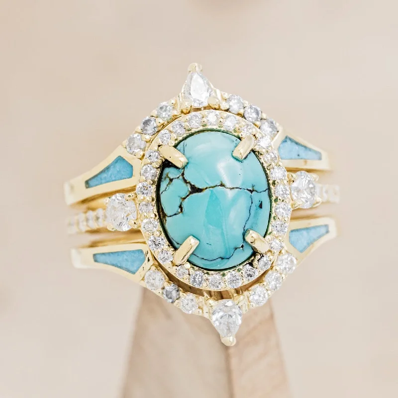 "KB" - BRIDAL SUITE - OVAL TURQUOISE ENGAGEMENT RING WITH DIAMOND ACCENTS & TRACERS