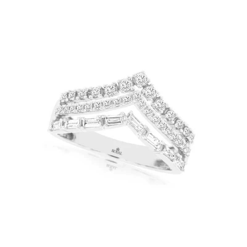 Baguette and Round Diamond Three Row Tapered Design Ring