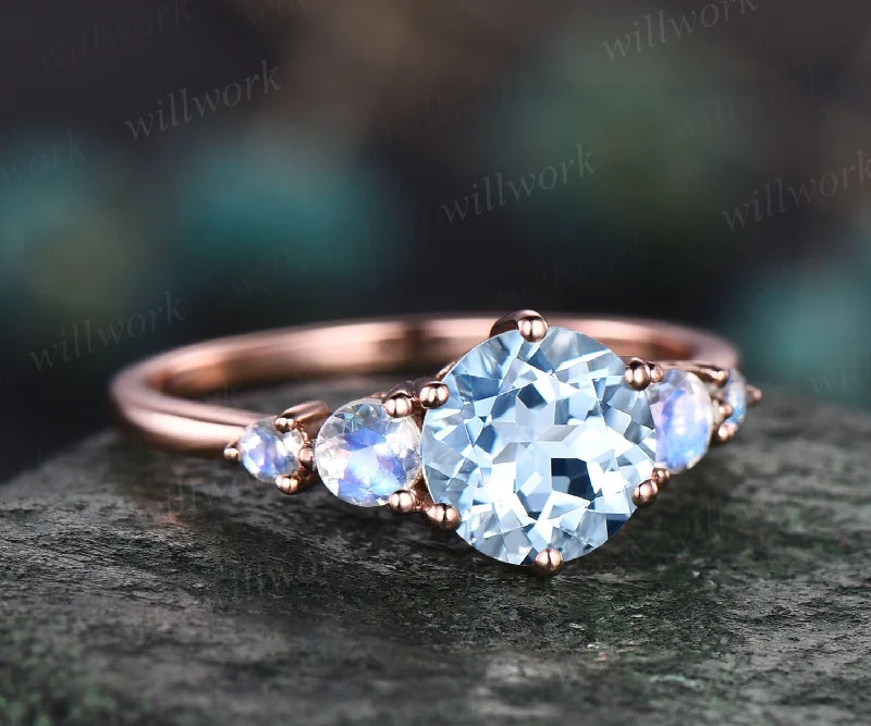 Unique vintage round cut aquamarine engagement ring minimalist five stone moonstone ring for women 18k rose gold silver anniversary ring