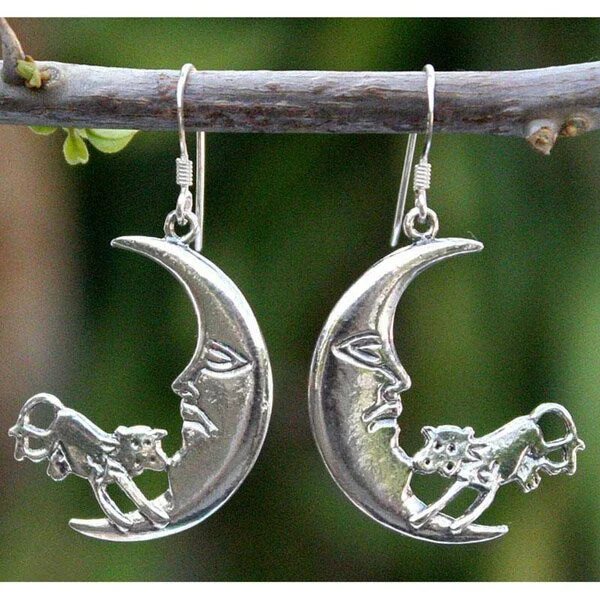 Handmade Sterling Silver 'Cow in the Moon' Dangle Earrings (Thailand)