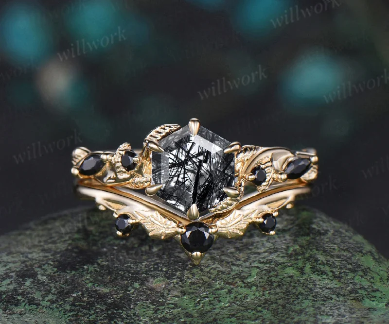 Vintage hexagon cut black rutilated quartz engagement ring set yellow gold leaf nature inspired five stone black spinel ring women