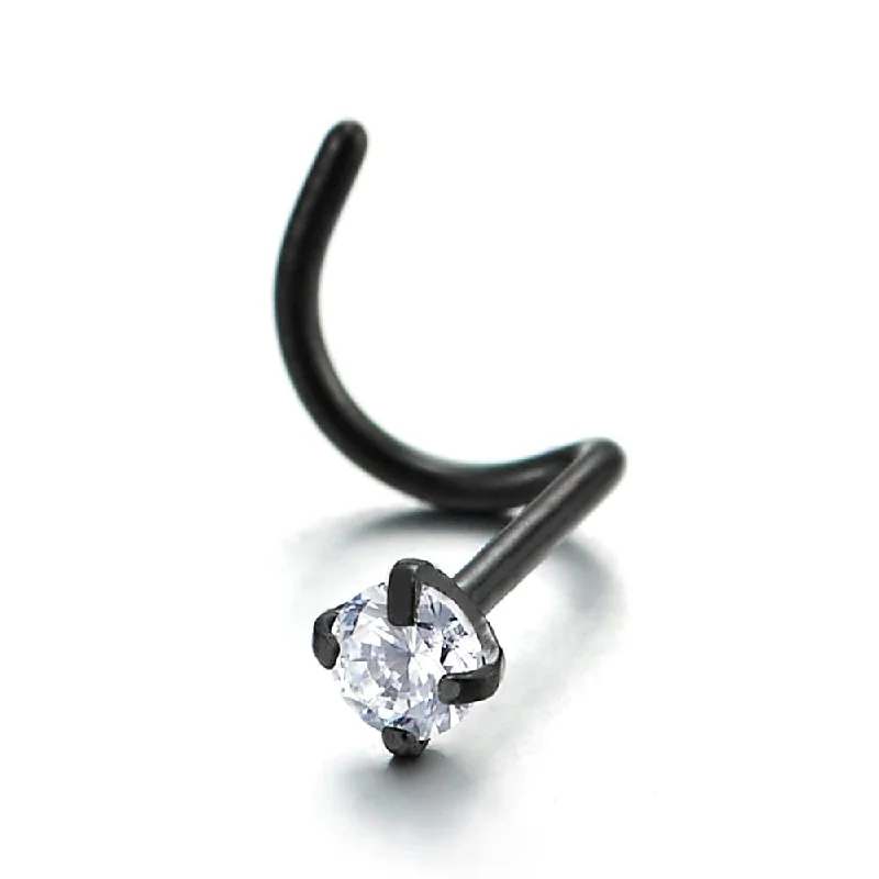 Stainless Steel Black Screw Nose Rings Studs with Cubic Zirconia Body Jewelry Piercing