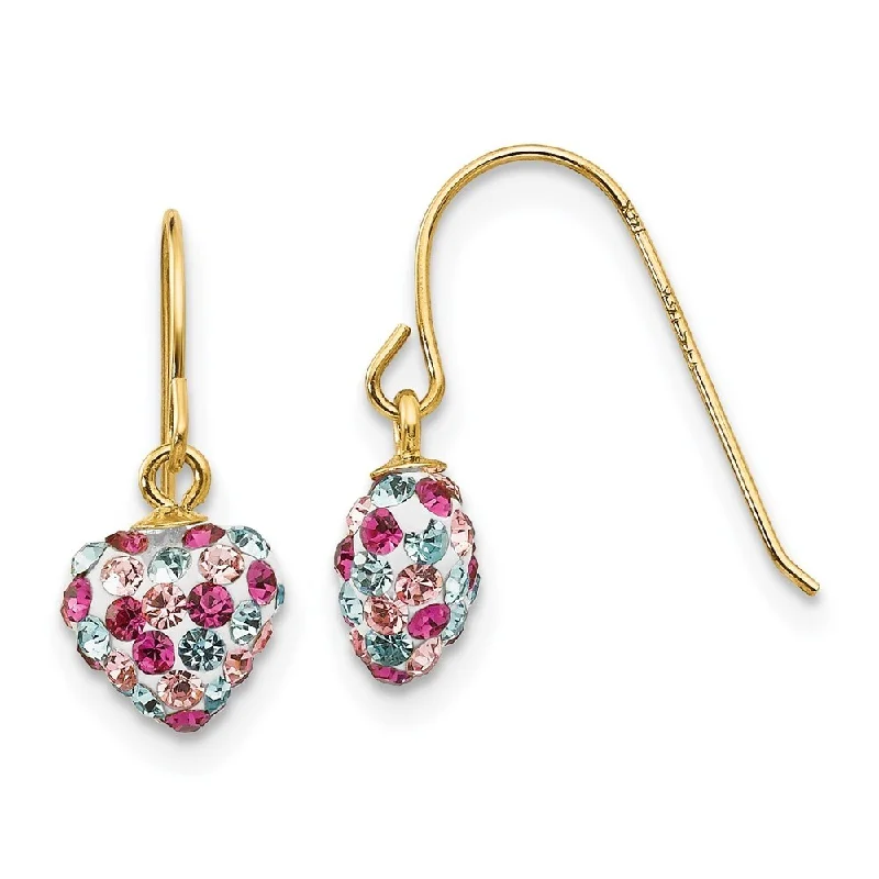 14k Yellow Gold Multi-colored Crystal Heart Dangle Earrings (L-15 mm, W-6 mm)