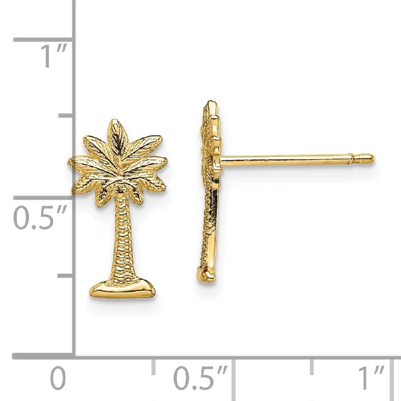 Diamond2Deal 14K Yellow Gold MINI PALMETTO PALM TREE Stud EARRINGS / 2-D and TEXTURED (L-12.7 mm, W-7.1 mm)