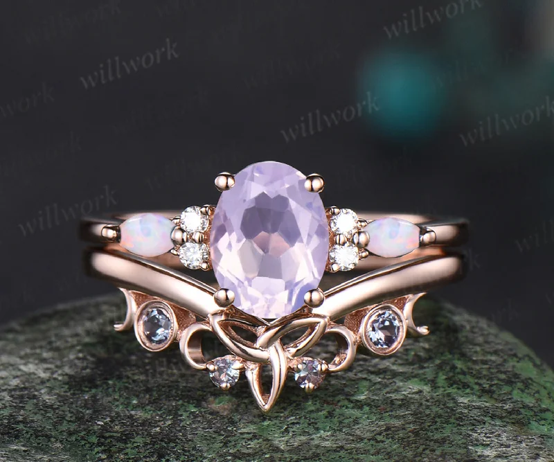 Lavender Amethyst ring Oval cut Romantic engagement ring set rose gold vintage unique minimalist moissanite ring bridal wedding ring set women