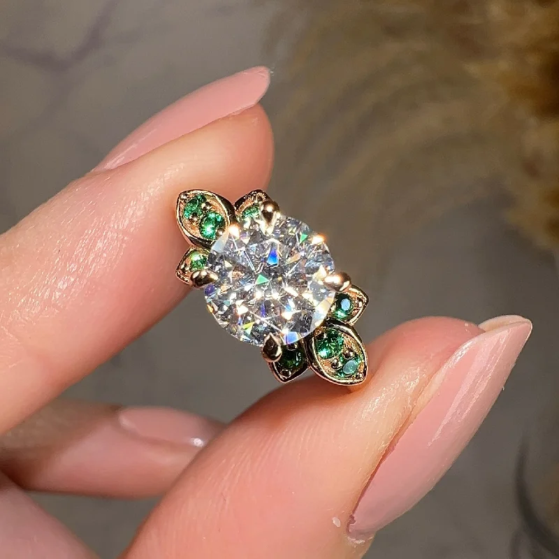 "Orla" Floral Round Brilliant Cut Diamond Green Leaf Marquise Emerald Rose Gold Engagement Ring