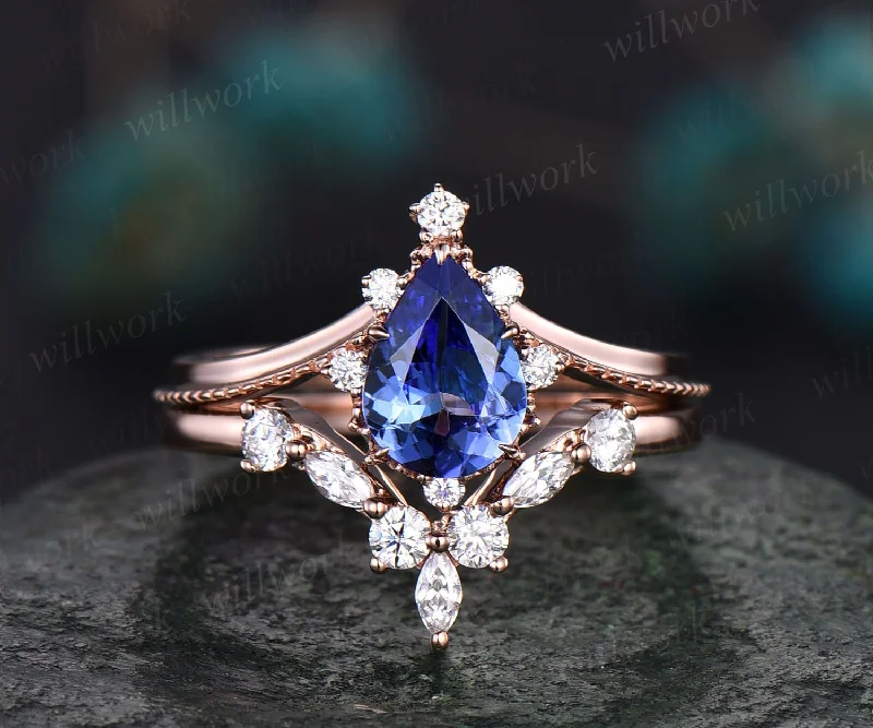 Pear shaped Tanzanite ring solid 14k rose gold unique Tanzanite engagement ring diamond ring vintage moissanite bridal set