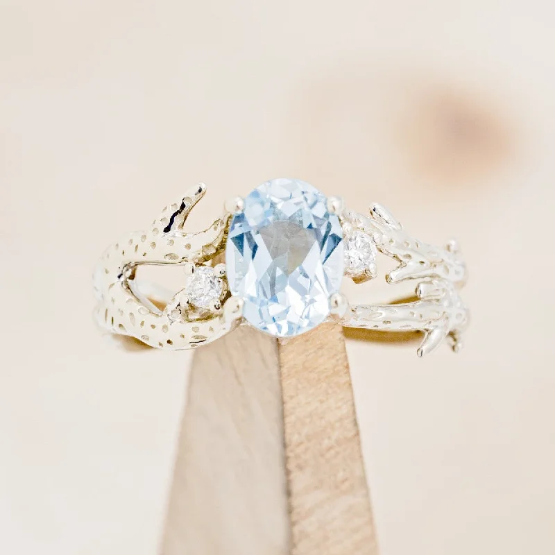 "ARTEMIS" - CORAL INSPIRED OVAL SKY BLUE TOPAZ ENGAGEMENT RING WITH DIAMOND ACCENTS