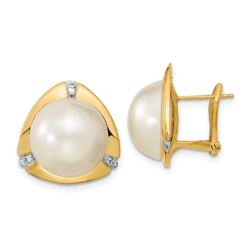 14k Yellow Gold White Mabe FWC Pearl .06ct Diamond Omega Back Earrings (L-12 mm, W-13 mm)